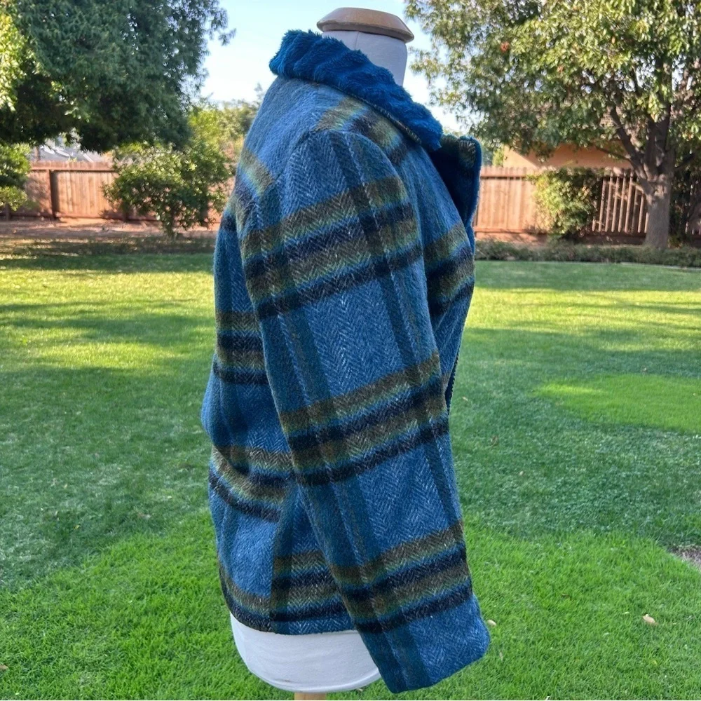 Vintage 70s Sir Jac Plaid Wool Faux Fur Lined Coat Made in USA Women’s Size 36